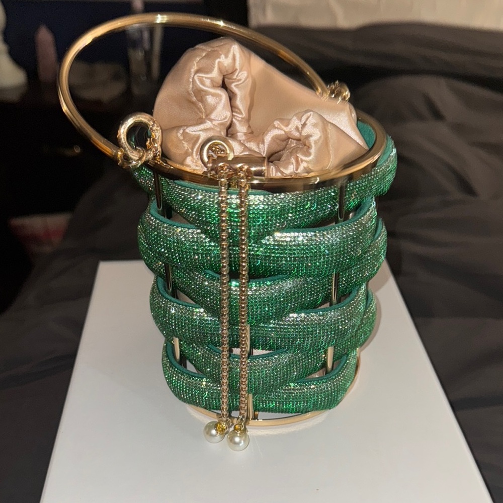 Green Woven Bucket Bag with Gold Accents